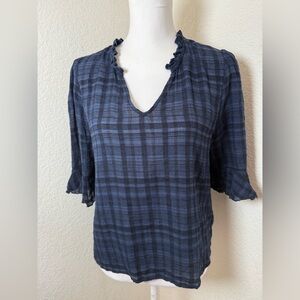 Dolan Left Coast Anthropologie‎ Tandy Ruffle Plaid Top in Navy Size Medium